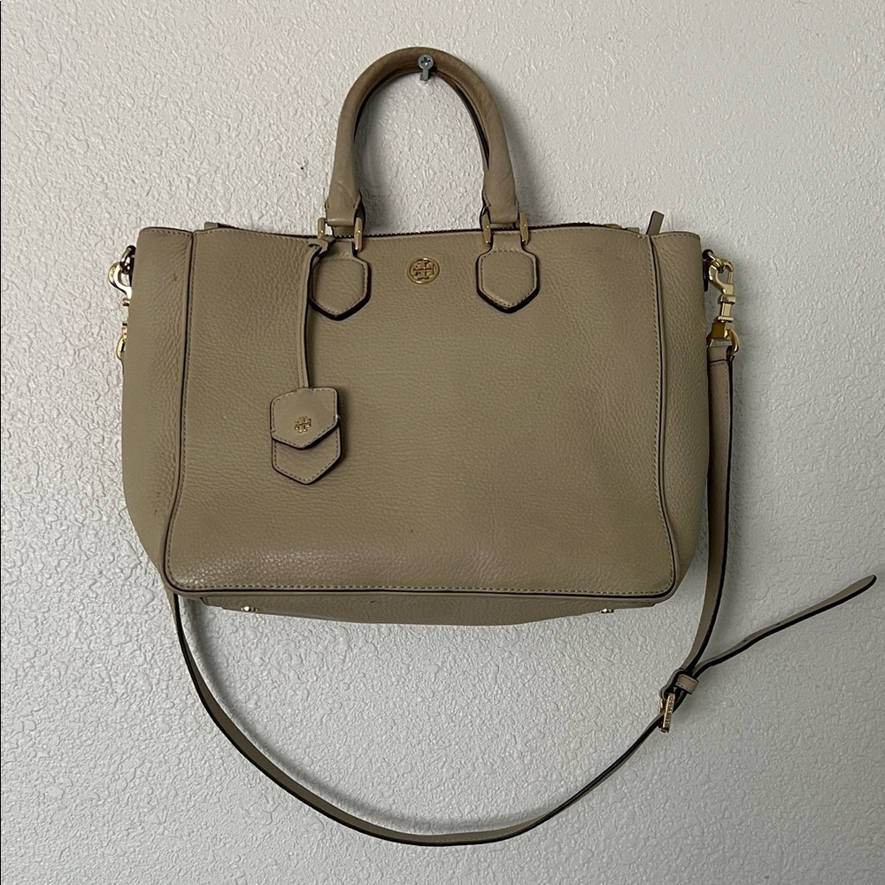Tory Burch Pebbled Leather Satchel in Taupe with Gold Hardware EUC